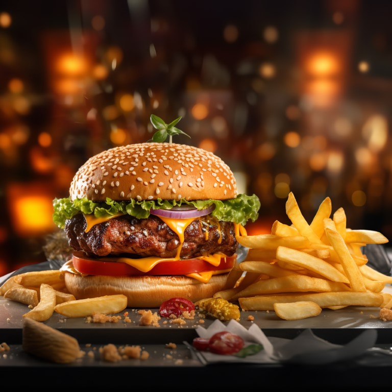 delicious smokehouse burger with fries master chef michelin star quality finest restaurant ai gen